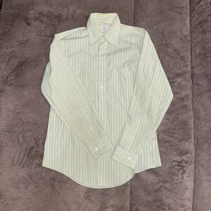 Brooks Brothers Dress Shirt Mens Medium Green w/ Blue and White Stripes Slim Fit
